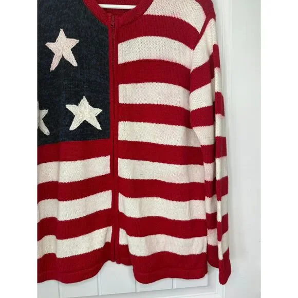 Mountain Lake Americana Flag Zip-Up Knit Cardigan Vintage 90s Patriotic 4th July - Picture 6 of 10